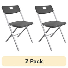 Black resin folding chairs, 2-pack with molded seat/back and silver metal legs