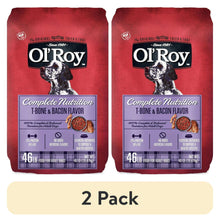 Two red O'Roy Complete Nutrition dog food bags, T-bone & bacon flavor, 2 pack