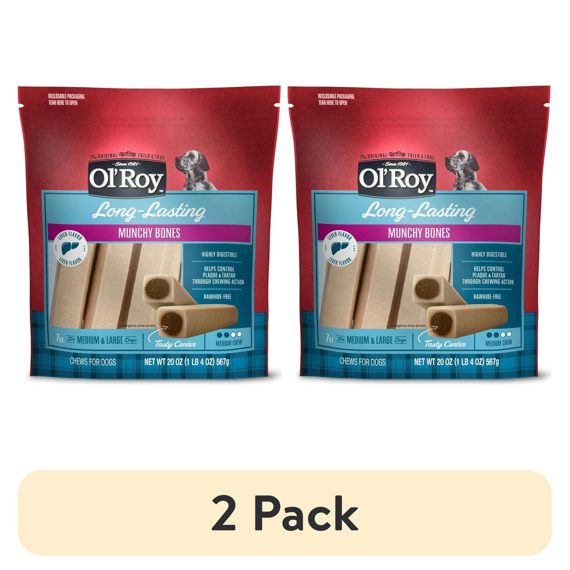 (2 pack) Ol' Roy Long-Lasting Flavor Munchy Bones Chews for Dogs, 7 count, 20 oz