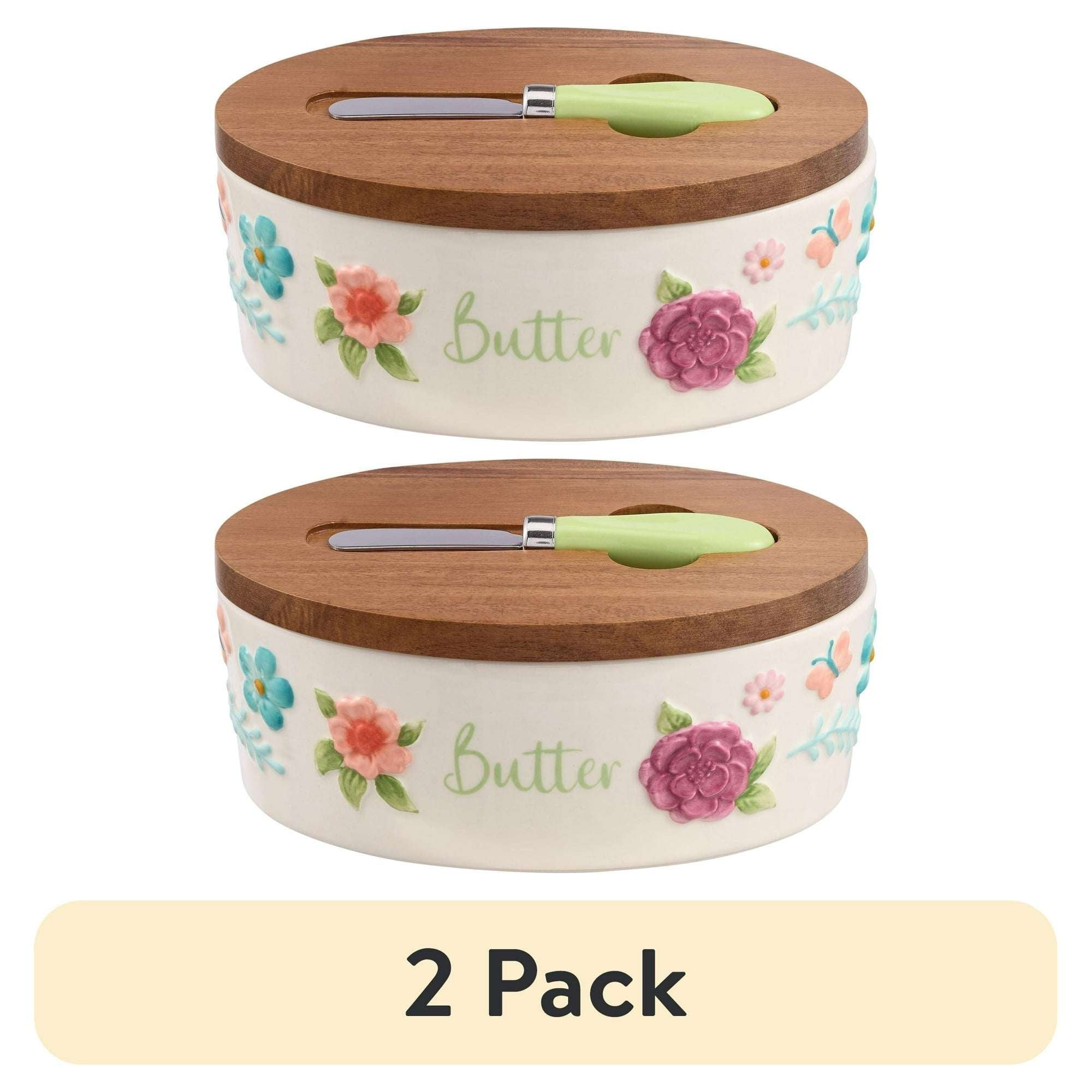 The Pioneer Woman Ceramic Painted Meadow Butter Dish with Acacia Wood Lid and Serving Knife, Best Used for Everyday Kitchen Organization