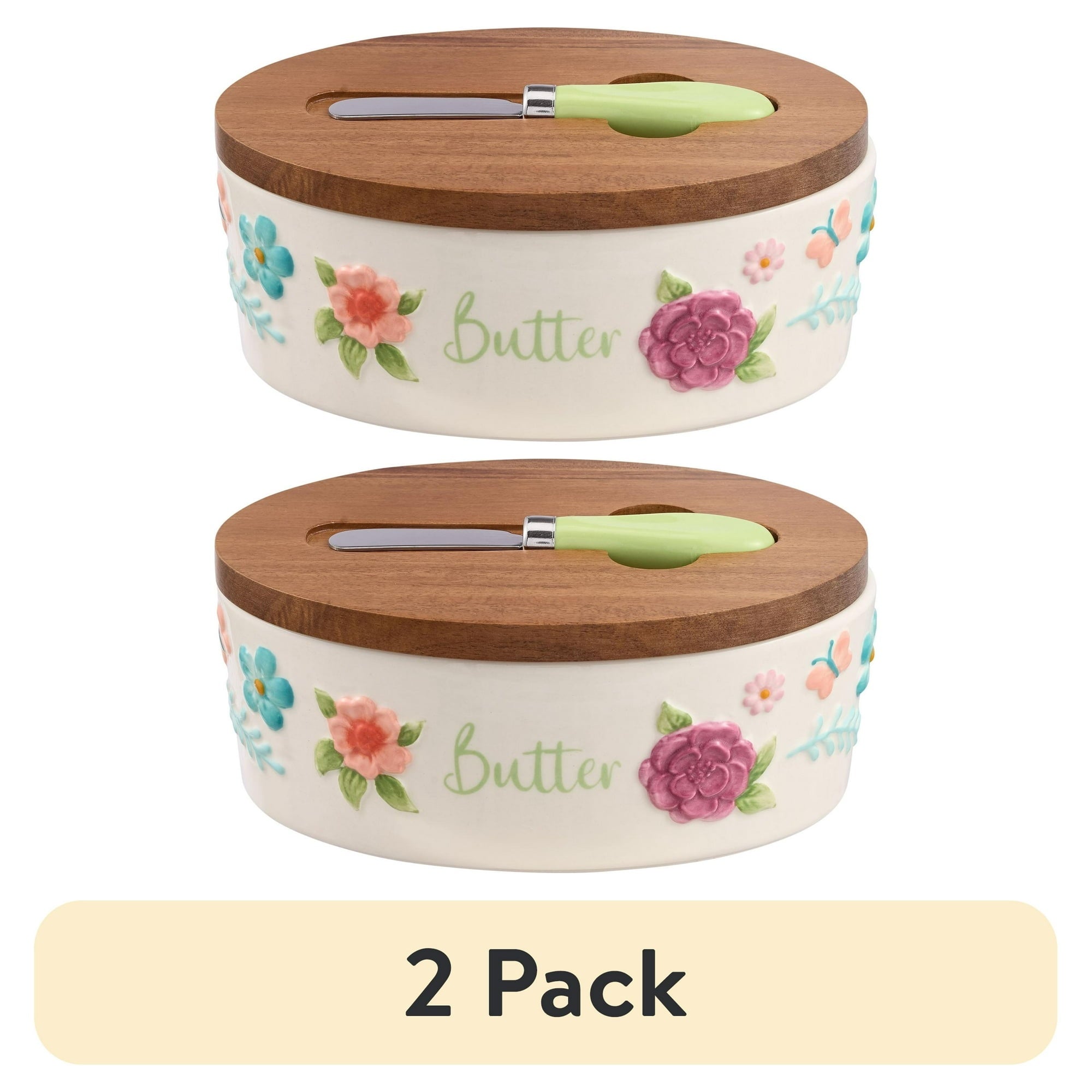 The Pioneer Woman Ceramic Painted Meadow Butter Dish with Acacia Wood Lid and Serving Knife, Best Used for Everyday Kitchen Organization
