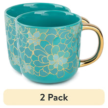 2-pack teal ceramic coffee mugs with gold floral design and gold handle