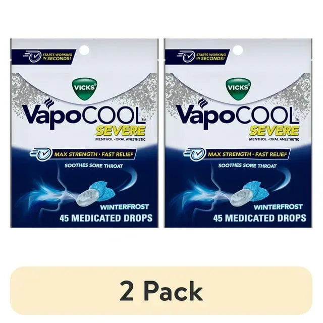 Vicks VapoCOOL Severe Medicated Sore Throat Drops, Menthol, Winterfrost Flavor, 45 Count