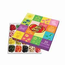 Jelly bean gift box showing front label and colorful flavor illustrations, 20-count