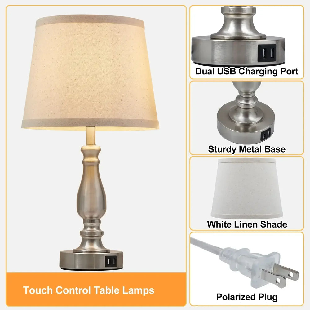 NATYSWAN Lamps for Bedrooms Set of 2, Brushed Nickel Bedside Lamps with USB Ports, 3 Way Dimmable Nightstand Lamps , Touch Table Lamp for Living Room Bedroom Office, Bulbs Included - USA MEGA SHOP