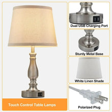 Table lamp with white linen shade, brushed metal base, dual USB ports and polarized plug