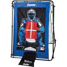 Baseball trainer target net with blue frame, graphic goalie, red front target pad