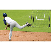 Baseball pitching training net target set with square strike area in use