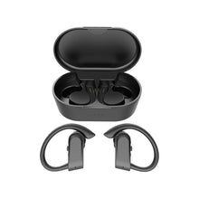 Wireless earbuds with charging cable loops beside an open black case