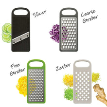 Grate and slicer attachment set: fine, coarse, zester inserts with colored handles