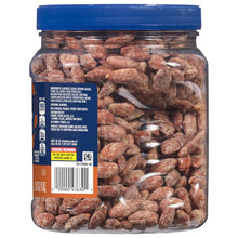 Clear jar of maple brown sugar almonds showing the back label and barcode