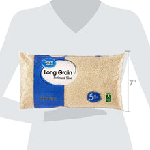 Long grain enriched rice bag, 5 lb, shown with size dimension