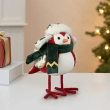 Fabric bird tabletop decoration with green scarf and red-and-white outfit, standing