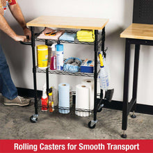3-tier rolling utility cart with wood top and wire shelves holding supplies on casters