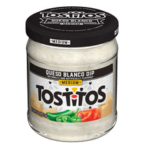 Queso blanco dip jar with medium label and lid top visible