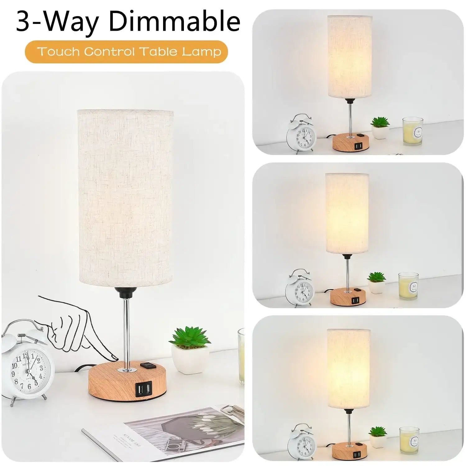 2PCS Small Touch Control Table Lamps for Bedroom, 3 Way Dimmable Bedside Lamp with USB C+A Fast Charging Ports, Nightstand Lamp for Office, Living Room, Reading, Bulbs Included, Wood