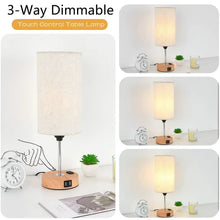 Touch table lamp with cream fabric shade, metal pole, and wood base with touch control