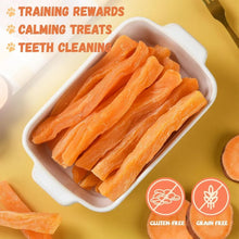White dish of orange sweet potato dog treat sticks