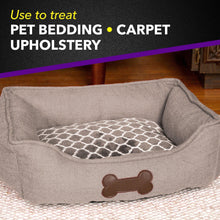Pet bedding and carpet upholstery use graphic with gray dog bed.