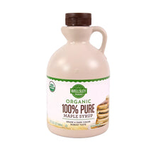 Organic dark maple syrup bottle with handle, screw cap, Wellsley Farms label, 32 oz