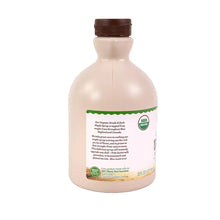 Organic dark maple syrup bottle with handle, Wellsley Farms back label, 32 oz