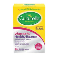 Culturelle Women’s Healthy Balance probiotic capsules box front, yellow and green, 60 vegetarian
