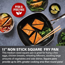 Square nonstick fry pan with speckled interior and two handles, filled with food.