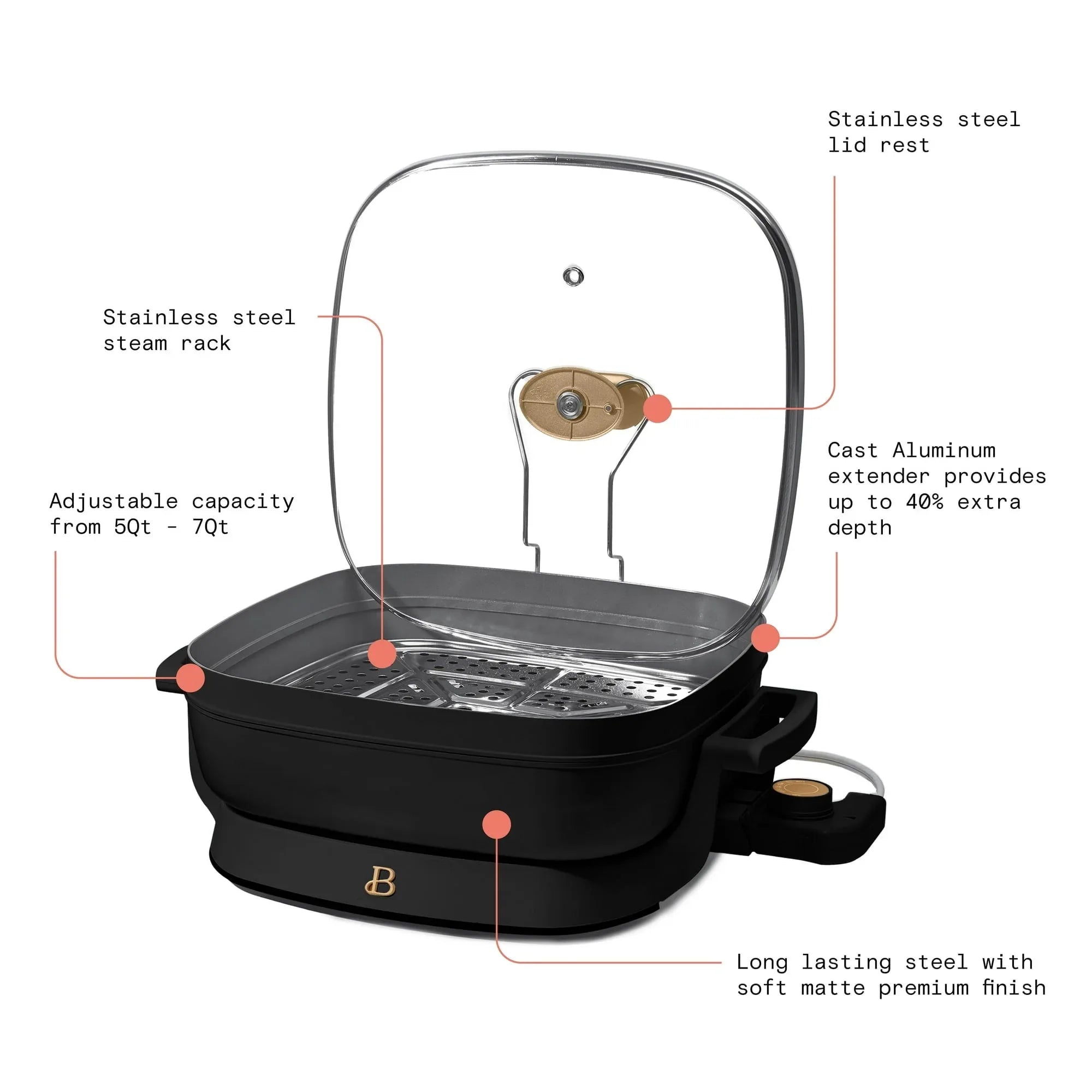 Beautiful 5 in 1 Electric Skillet - Expandable up to 7 Qt with Glass Lid, Black Sesame by Drew Barrymore - USA MEGA SHOP