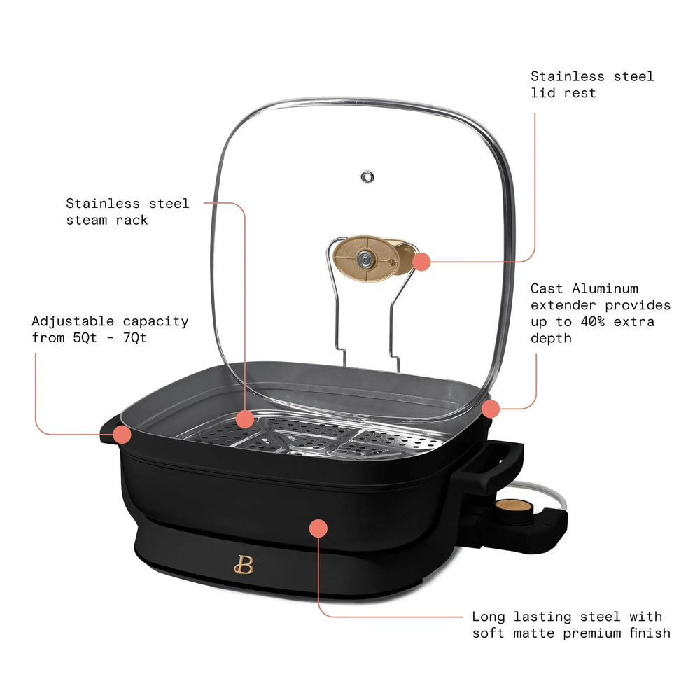 Beautiful 5 in 1 Electric Skillet - Expandable up to 7 Qt with Glass Lid, Black Sesame by Drew Barrymore - USA MEGA SHOP