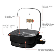 Black electric skillet with glass lid, stainless steam rack, and control base
