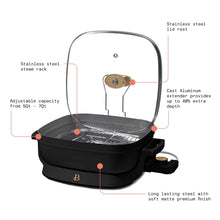 Electric skillet with glass lid and perforated steam rack, black base