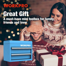 Blue mini tool box on a gift scene, lid open with drawers visible