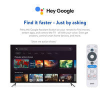 TV showing Hey Google interface with white remote standing at right