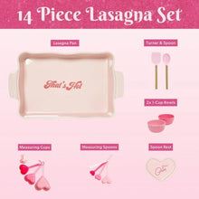 Pink lasagna pan set: handled pan, turner & spoon, measuring cups, spoon rest