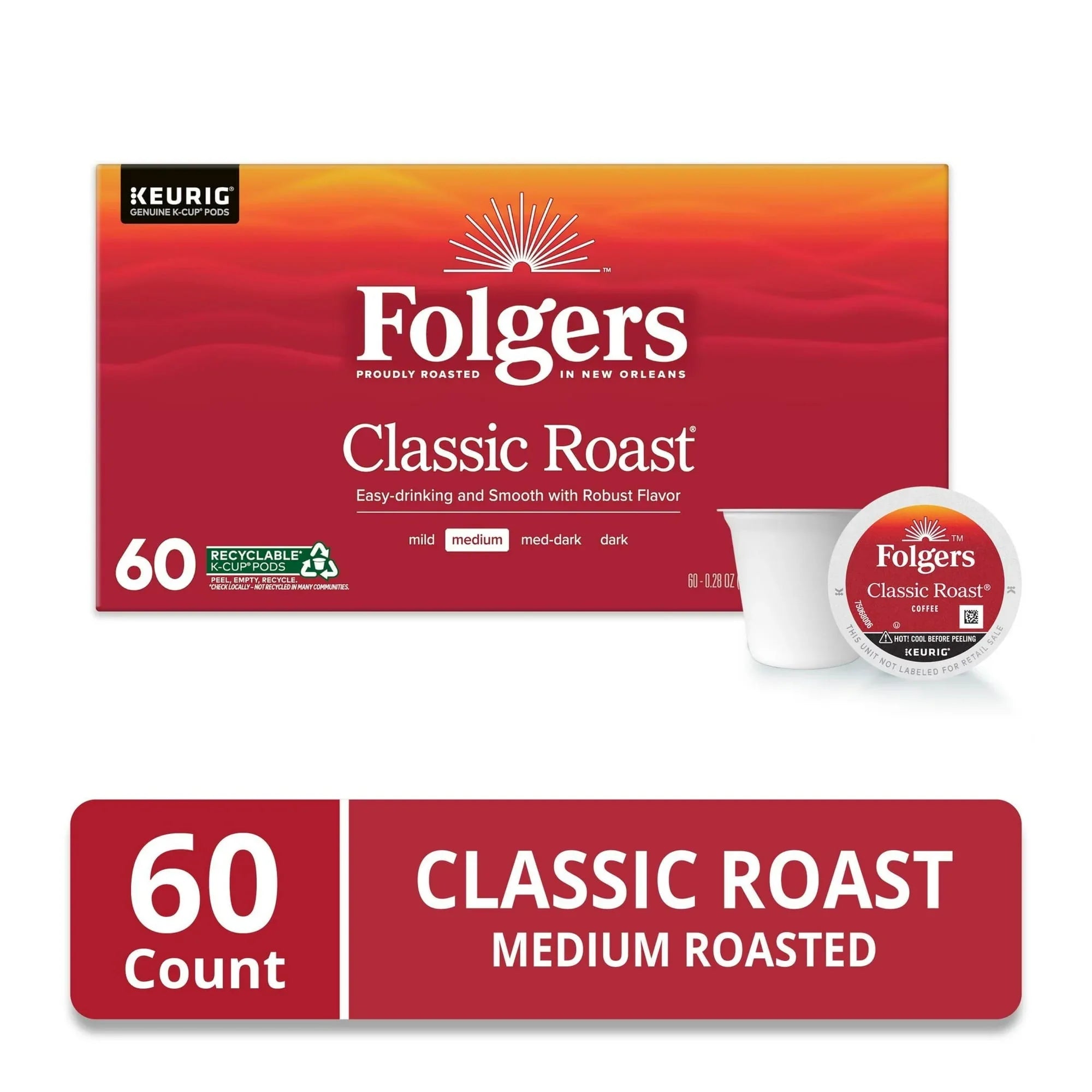 Folgers Classic Roast, Medium Roast Coffee, Keurig K Cup Pods, 60 Count Box - USA MEGA SHOP