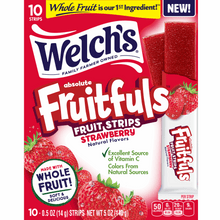 Welch's Fruitfuls strawberry soft fruit strips box, front view, 10 strips