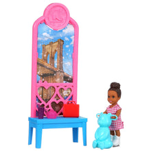 Pink ice stand with heart cutouts and city-window scene, plus child doll figure