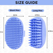 Blue dog bath brush size guide showing short-pin and long-pin bristle versions