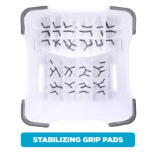 Underside of white two-step step stool with stabilizing grip pad pattern