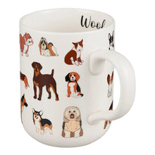 White dog mug featuring large puppy illustrations and 'Woof' on top
