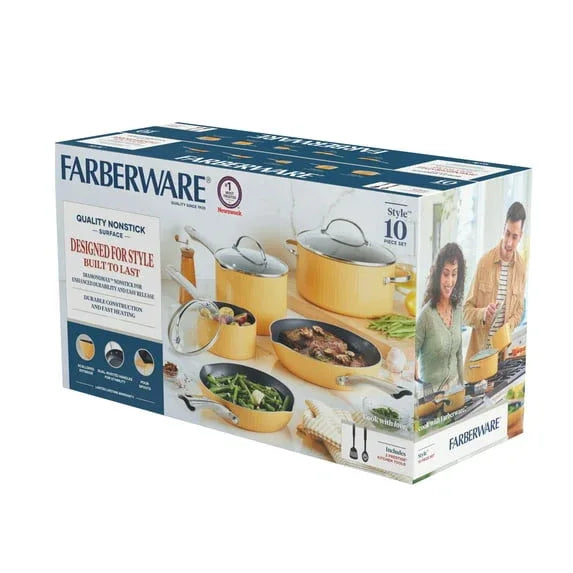 Farberware Style 10 Pcs Nonstick Cookware Set with Cooking Tools, Dishwasher Safe and Oven Safe to 500°F, Yellow