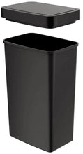 Black rectangular plastic trash can with hinged lid, shown front and top view