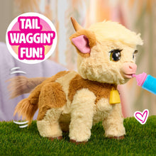 Brown and cream plush cow sitting pose with pink ears, yellow nose bell, and raised paw