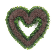 Heart wreath with dark brown inner frame and green faux boxwood foliage