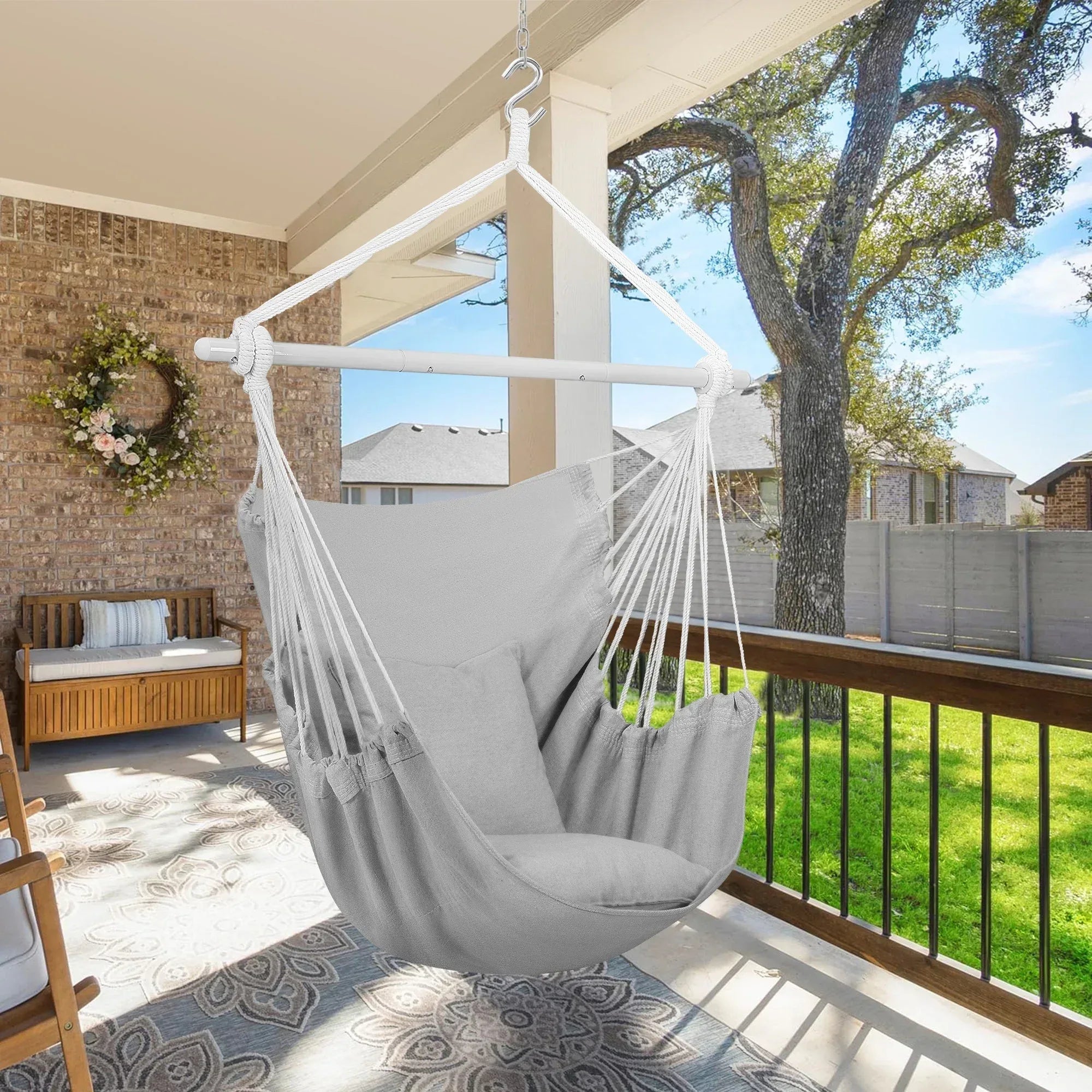 Large Hammock Chair Swing, Relax Hanging Rope Swing Chair with Detachable Metal Support Bar & Two Seat Cushions, Cotton Hammock Chair Swing Seat for Yard Bedroom Patio Porch Indoor Outdoor - USA MEGA SHOP