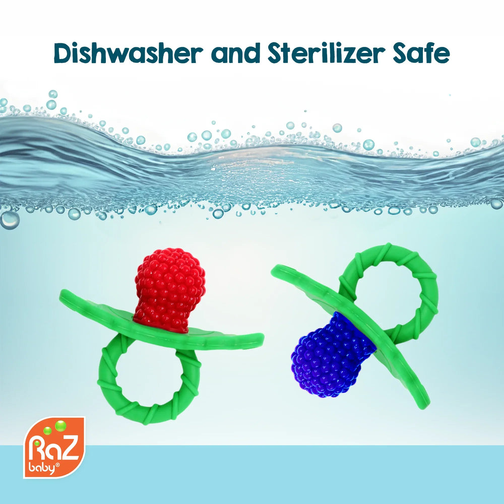 RaZbaby RaZberry Silicone Teether Toy / Multi-Texture Design / Hands Free Design / for Baby 3m+ / Pacifier Style Teether - USA MEGA SHOP