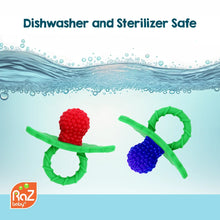 RaZberry silicone teether toy set, green rings with red and purple textured berries.