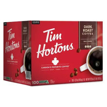 Tim Hortons dark roast coffee pod box, 100-count, red packaging with Keurig label
