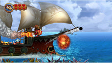 Nintendo Switch platformer game screenshot: pirate ship battle with cannon blast and ocean waves