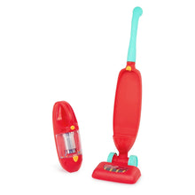 Red toy vacuum with teal attachments: upright base and separate handheld unit